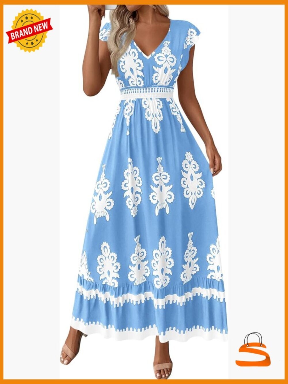 Womens Boho Floral Maxi Dress V Neck Short Sleeve With Pockets for Beach